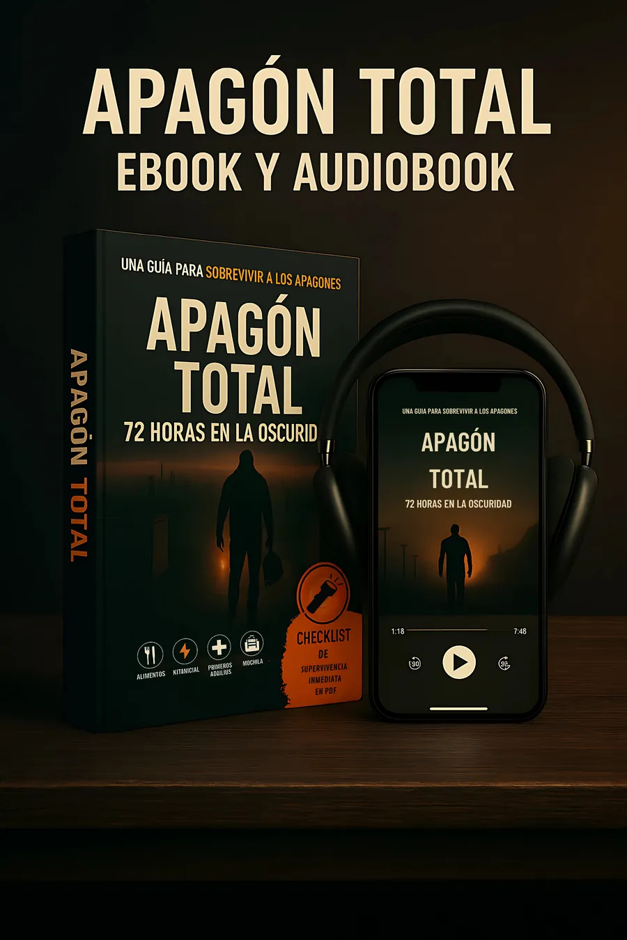 Mockup del ebook y audiobook Apagón Total: 72 Horas en la Oscuridad con checklist de supervivencia en PDF